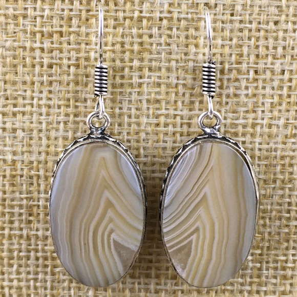 New Striped Agate Stone Silver Hook Dangle Earrings - Picture 1 of 7